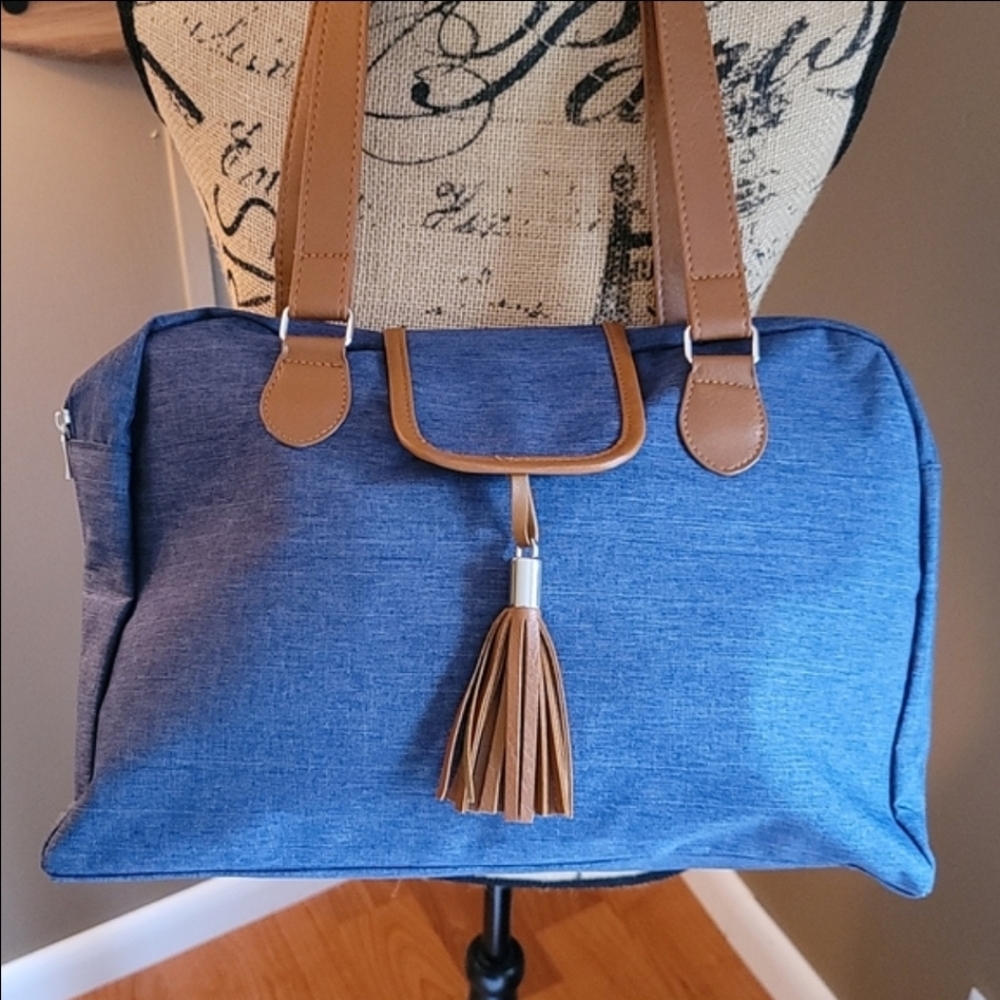 2/$15 NEW! Denim Look Tassel Detail Handbag Overnite with Zip Closure